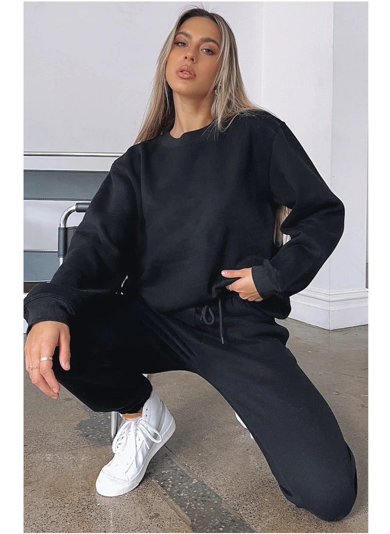 NIBEMINENT Solid Casual Two-piece Set, Long Sleeve Crew Neck Sweatshirt & Drawstring Waist Jogger Pants Outfits, Women's Clothing  - Image 4