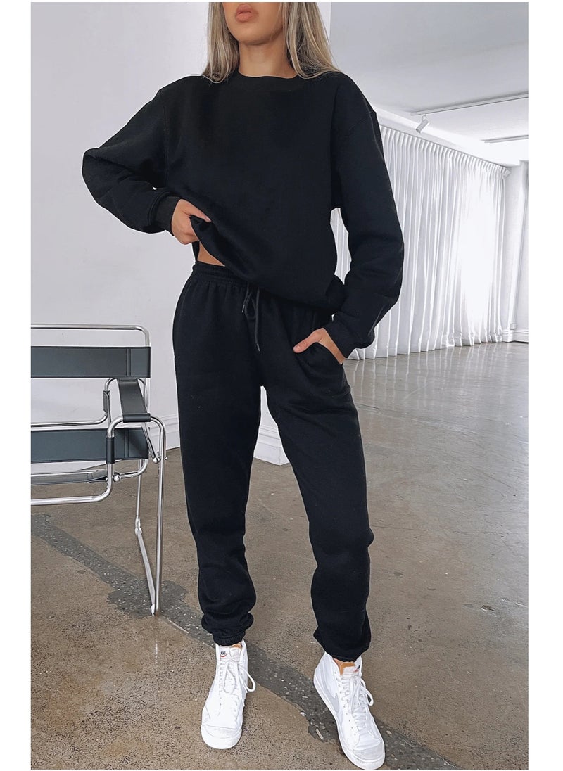 NIBEMINENT Solid Casual Two-piece Set, Long Sleeve Crew Neck Sweatshirt & Drawstring Waist Jogger Pants Outfits, Women's Clothing  - Image 5