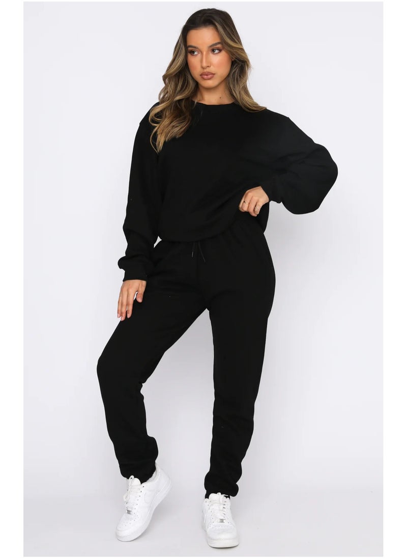 NIBEMINENT Solid Casual Two-piece Set, Long Sleeve Crew Neck Sweatshirt & Drawstring Waist Jogger Pants Outfits, Women's Clothing  - Image 1