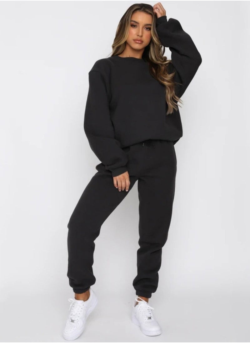 NIBEMINENT Solid Casual Two-piece Set, Long Sleeve Crew Neck Sweatshirt & Drawstring Waist Jogger Pants Outfits, Women's Clothing  - Image 2