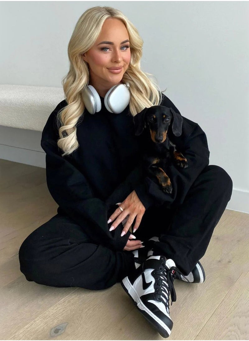 NIBEMINENT Solid Casual Two-piece Set, Long Sleeve Crew Neck Sweatshirt & Drawstring Waist Jogger Pants Outfits, Women's Clothing  - Image 3