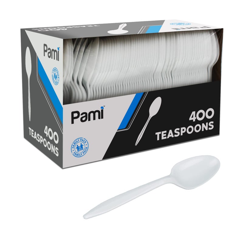PAMI PAMI MediumWeight Disposable Plastic Teaspoons 400Pack  Bulk White Plastic Silverware For Parties Weddings Catering Food Stands Takeaway Orders  More Sturdy SingleUse Partyware Spoons 