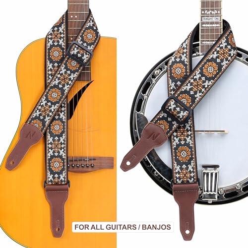 Nefelibata Banjo Strap, 2"Wide Double Full Grain Cowhide Guitar Strap Adjustable Replacement,Multi-pattern Guitar Strap With Headstock Rope and Leather Headband(Embroidery Brown Flower) - Image 2