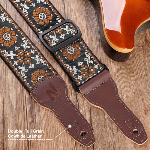 Nefelibata Banjo Strap, 2"Wide Double Full Grain Cowhide Guitar Strap Adjustable Replacement,Multi-pattern Guitar Strap With Headstock Rope and Leather Headband(Embroidery Brown Flower) - Image 3