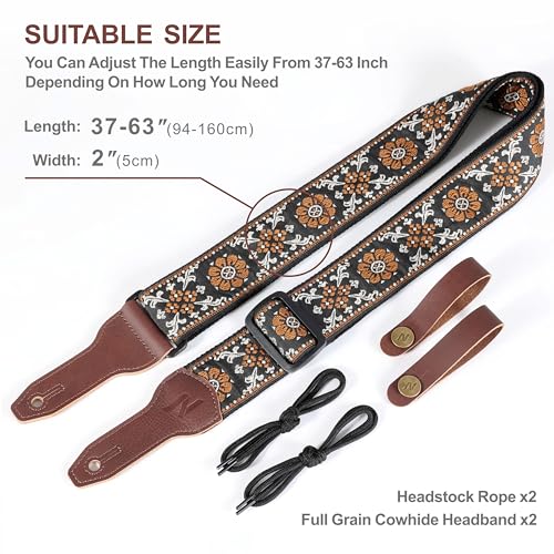 Nefelibata Banjo Strap, 2"Wide Double Full Grain Cowhide Guitar Strap Adjustable Replacement,Multi-pattern Guitar Strap With Headstock Rope and Leather Headband(Embroidery Brown Flower) - Image 5