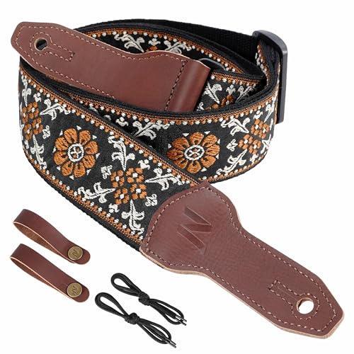 Nefelibata Banjo Strap, 2"Wide Double Full Grain Cowhide Guitar Strap Adjustable Replacement,Multi-pattern Guitar Strap With Headstock Rope and Leather Headband(Embroidery Brown Flower) - Image 1