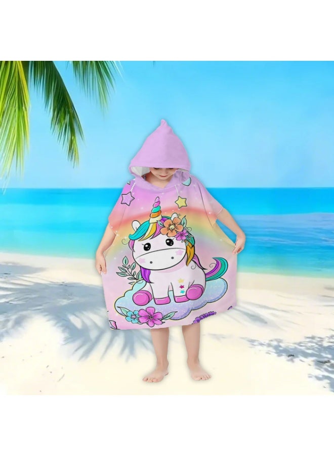 Unicorn Hooded Poncho Towel Quick-Dry for Beach & Swim, Pink Purple Rainbow Design for Kids & Adults - Image 4