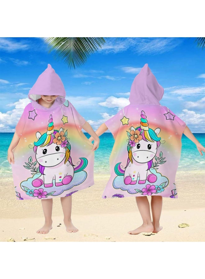 Unicorn Hooded Poncho Towel Quick-Dry for Beach & Swim, Pink Purple Rainbow Design for Kids & Adults - Image 2