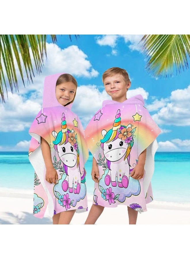 Unicorn Hooded Poncho Towel Quick-Dry for Beach & Swim, Pink Purple Rainbow Design for Kids & Adults - Image 1