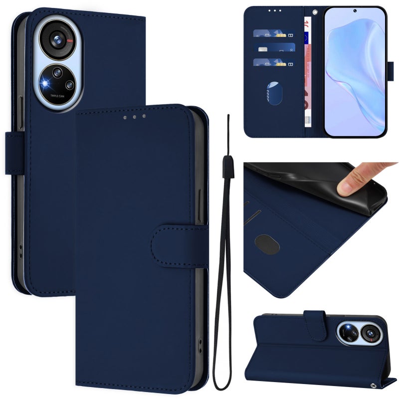 HuHa Protective Cover For ZTE Blade V40s Skin Feel Solid Color Leather Phone Case with Lanyard(Navy Blue) - Image 1