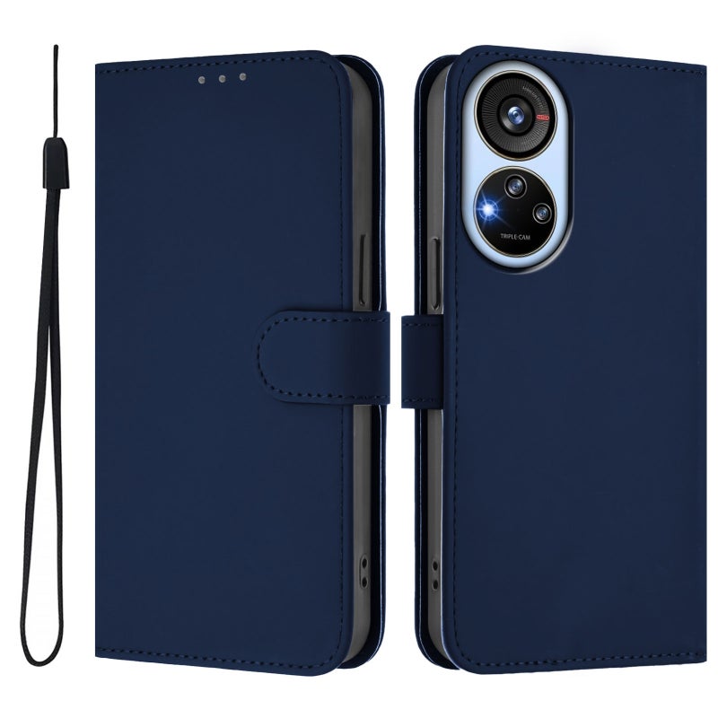HuHa Protective Cover For ZTE Blade V40s Skin Feel Solid Color Leather Phone Case with Lanyard(Navy Blue) - Image 2