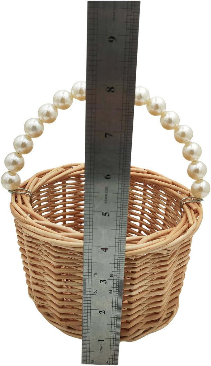 Yuudar Rustic Wicker Rattan Wedding Flower Girl Baskets,Woven Rattan Storage Basket with Pearl Handles,Woven Eggs Candy Basket for Wedding Home Garden Decor (H - 2PCS) - Image 2