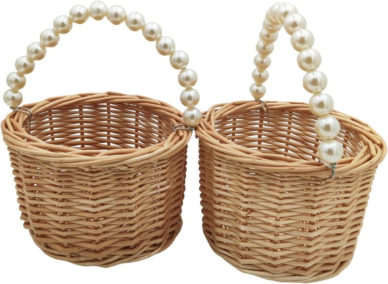 Yuudar Rustic Wicker Rattan Wedding Flower Girl Baskets,Woven Rattan Storage Basket with Pearl Handles,Woven Eggs Candy Basket for Wedding Home Garden Decor (H - 2PCS) - Image 5