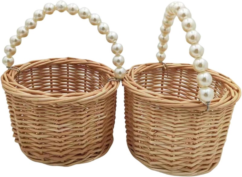 Yuudar Rustic Wicker Rattan Wedding Flower Girl Baskets,Woven Rattan Storage Basket with Pearl Handles,Woven Eggs Candy Basket for Wedding Home Garden Decor (H - 2PCS) - Image 1
