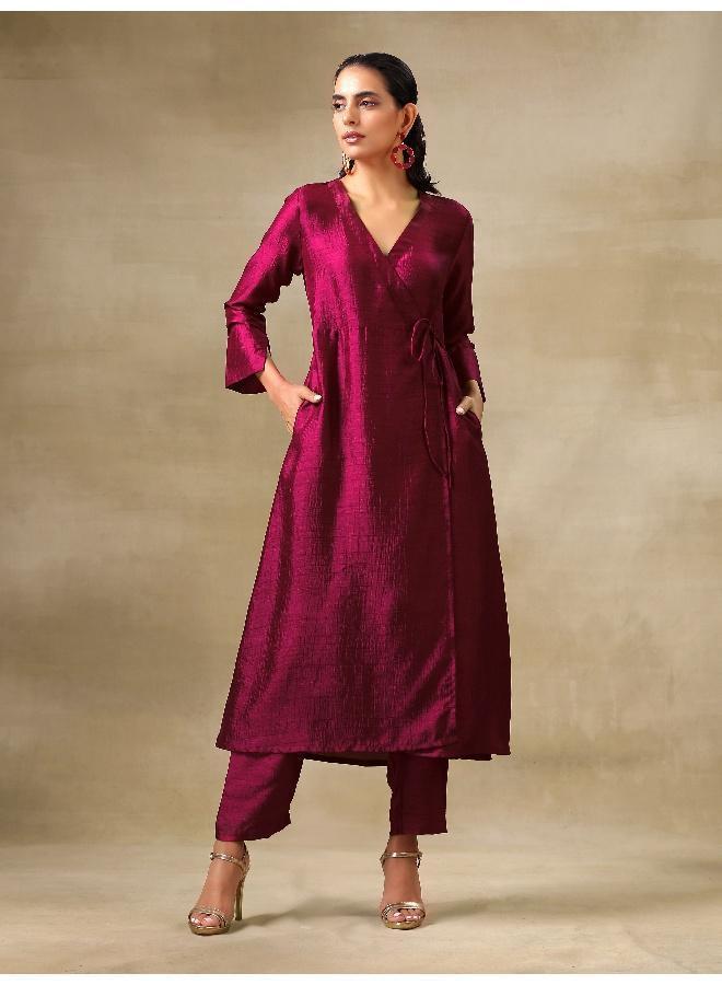 trueBrowns Purple Textured Silk Angrakha Kurta Pant Set - Image 5