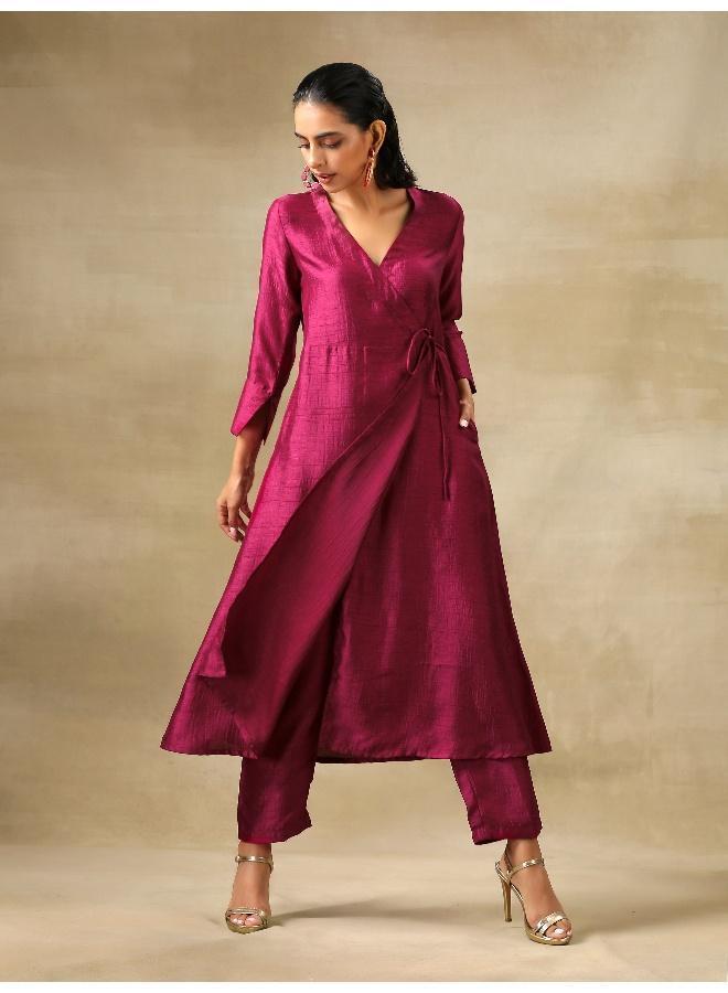 trueBrowns Purple Textured Silk Angrakha Kurta Pant Set - Image 1