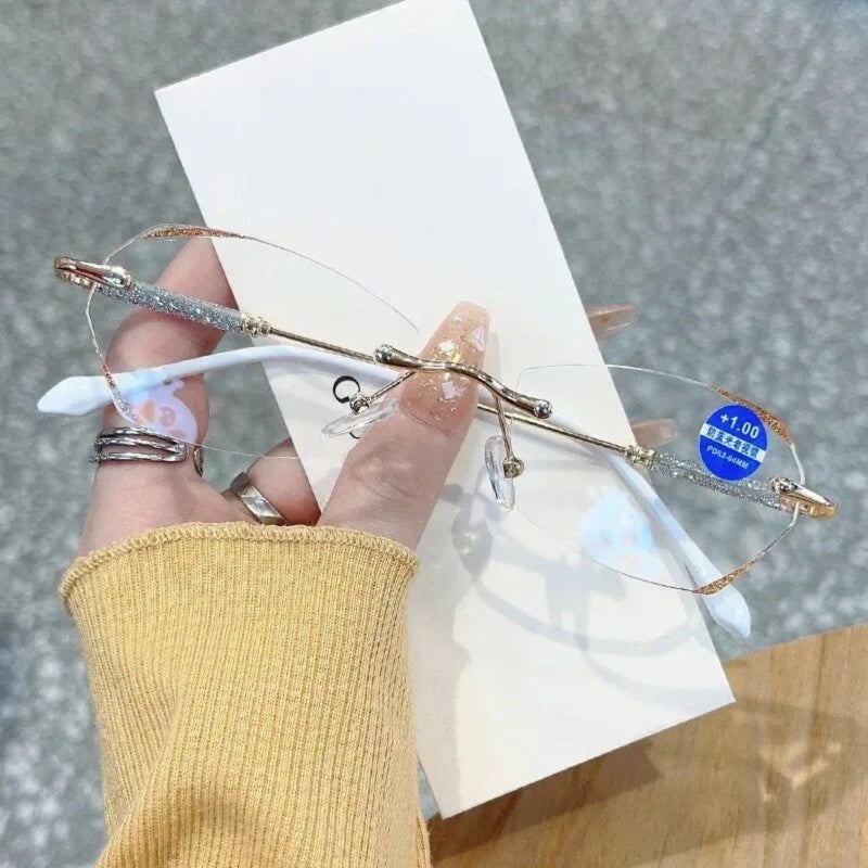 Frameless Reading Glasses +4.00 Lightweight Hexagonal Metal Frame - Clear Glass Lenses Elegant Gold for Professional Settings - Image 3