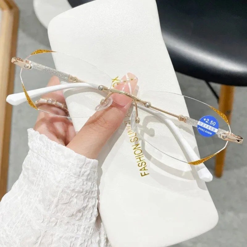 Frameless Reading Glasses +4.00 Lightweight Hexagonal Metal Frame - Clear Glass Lenses Elegant Gold for Professional Settings - Image 2