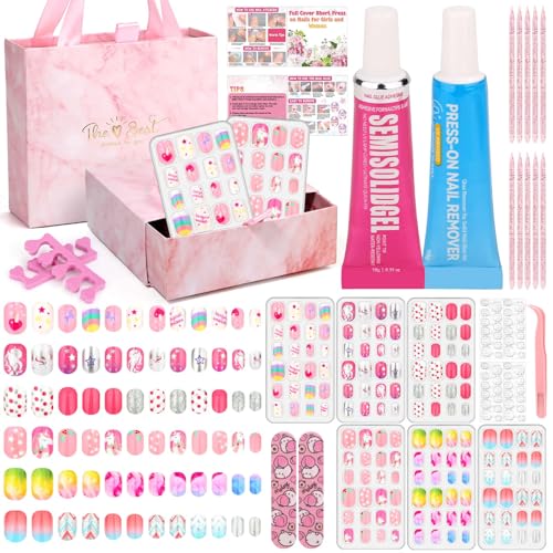 Acejoz 144 Pcs Press on Nails for Kids Girls Fake Nails with Glue Kit Cute Nails Tips with Jelly Nail Adhesive Teen Stick ons Acrylic Nails Gift Set for Girls 812 - Image 1