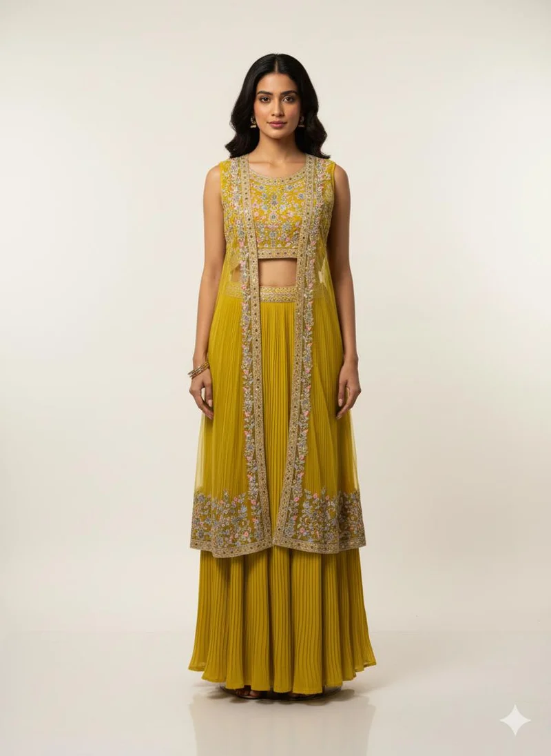 Lehar Mustard Embroidered Jacket and Plated Lehenga Set