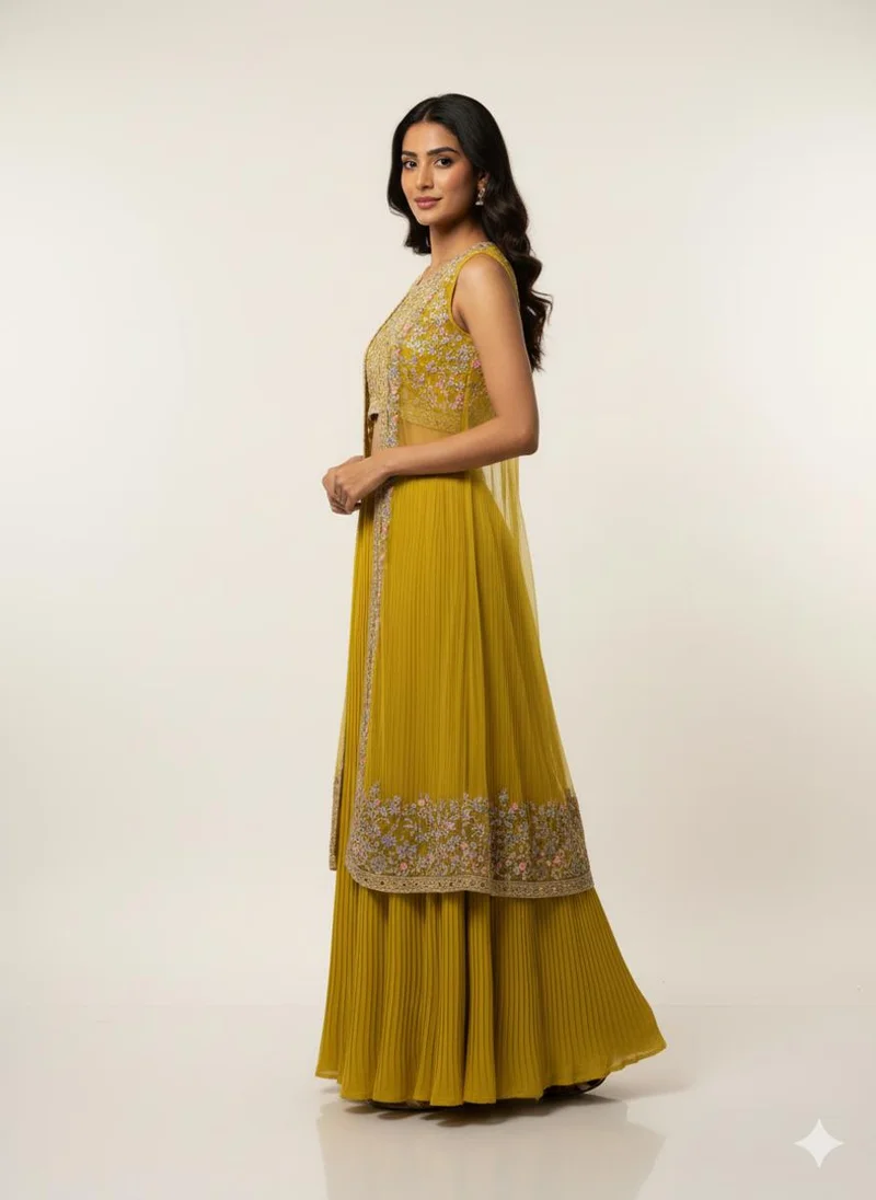 Lehar Mustard Embroidered Jacket and Plated Lehenga Set