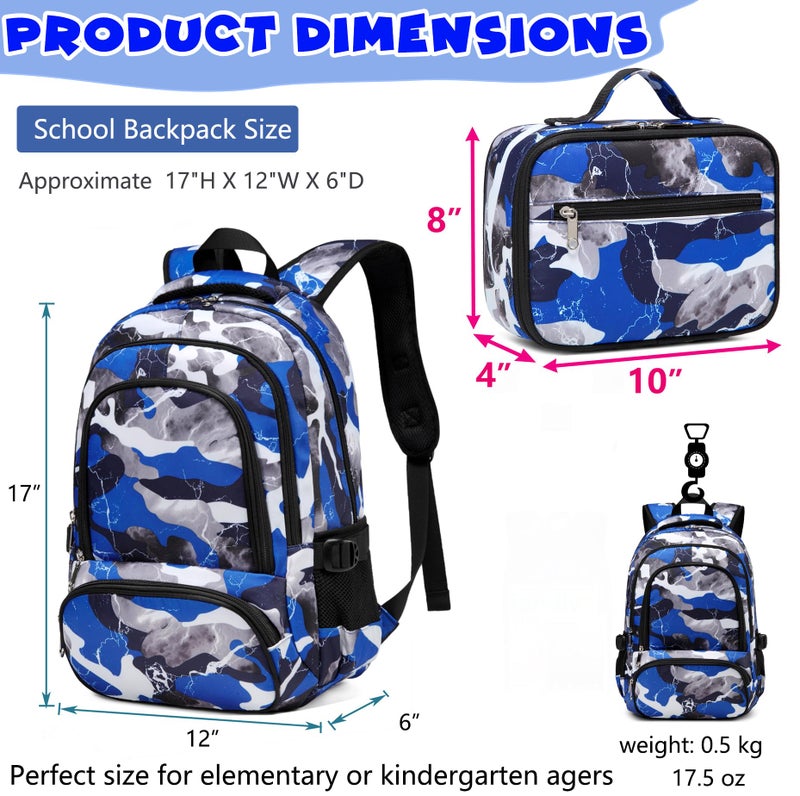 BLUEFAIRY Boys Backpack with Lunch Box for Kids Elementary Middle School Bags Set Child Book Bags Back to School Gifts Mochila Escolar para NiÃ±os Adolescentes Camo Blue - Image 3