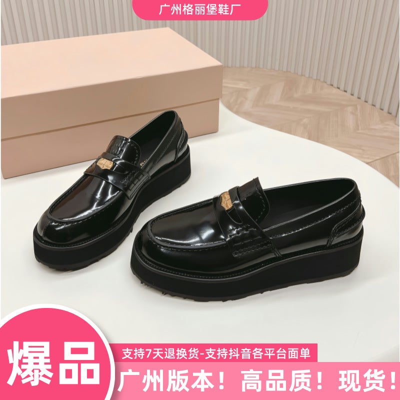 Miu Family Slip-On Gold Coin Lazy Loafers Thick-Soled Elevated Leather Retro British Small Leather Shoes Casual Single-Layer Shoes - Image 2