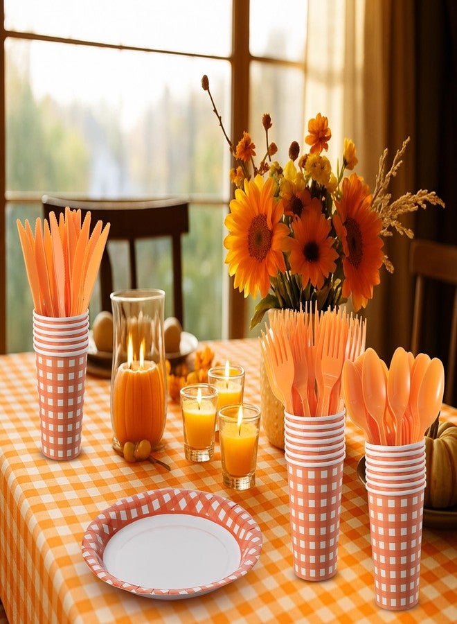 Oudain 162 Pcs Christmas Gingham Party Supplies for 20 Guest 2 Checkered Plaid Tablecloth Gingham Tableware Plate Cup Napkin Knives Fork Spoon for Birthday Picnic Camping (Orange and White,Classic) - Image 5