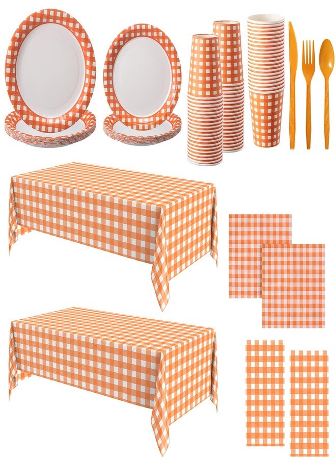 Oudain 162 Pcs Christmas Gingham Party Supplies for 20 Guest 2 Checkered Plaid Tablecloth Gingham Tableware Plate Cup Napkin Knives Fork Spoon for Birthday Picnic Camping (Orange and White,Classic) - Image 1