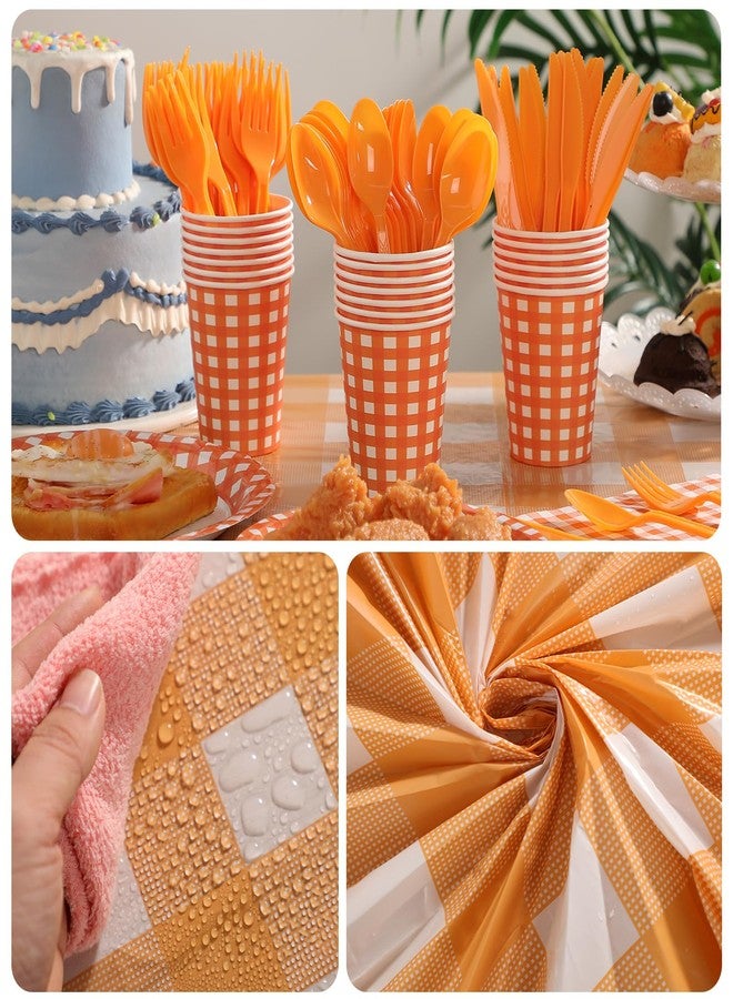 Oudain 162 Pcs Christmas Gingham Party Supplies for 20 Guest 2 Checkered Plaid Tablecloth Gingham Tableware Plate Cup Napkin Knives Fork Spoon for Birthday Picnic Camping (Orange and White,Classic) - Image 3