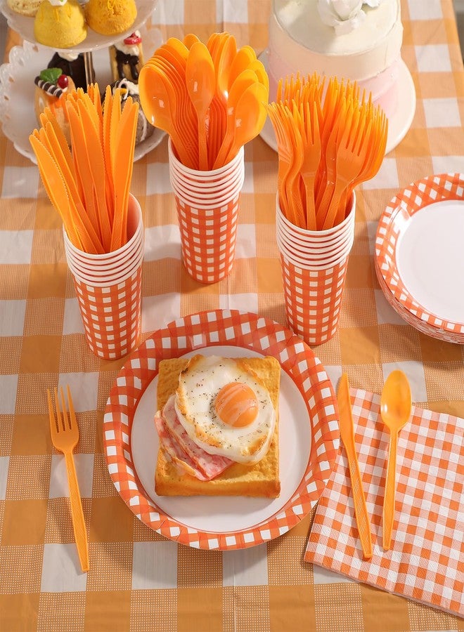 Oudain 162 Pcs Christmas Gingham Party Supplies for 20 Guest 2 Checkered Plaid Tablecloth Gingham Tableware Plate Cup Napkin Knives Fork Spoon for Birthday Picnic Camping (Orange and White,Classic) - Image 4