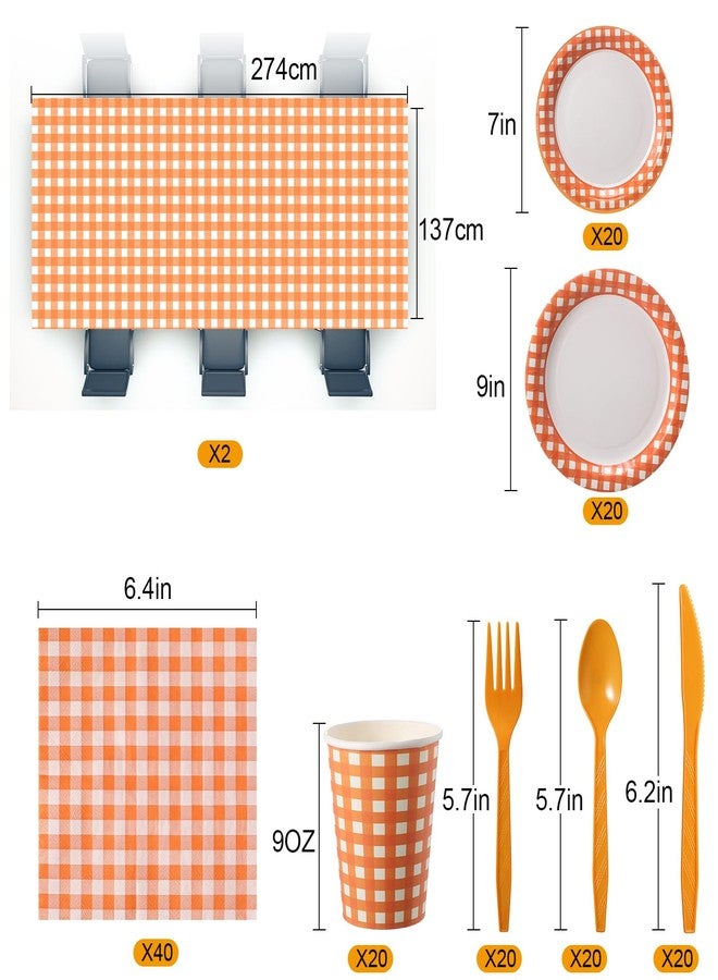Oudain 162 Pcs Christmas Gingham Party Supplies for 20 Guest 2 Checkered Plaid Tablecloth Gingham Tableware Plate Cup Napkin Knives Fork Spoon for Birthday Picnic Camping (Orange and White,Classic) - Image 2