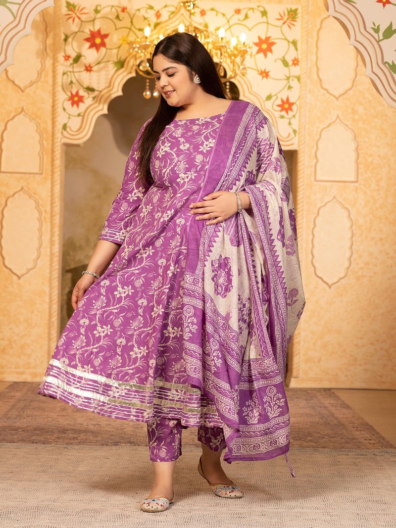 MEERA FAB Plus Size Women's Cotton Printed Anarkali Kurta With Palazzo & Dupatta Set With Dori, 7XL, Purple - Image 2