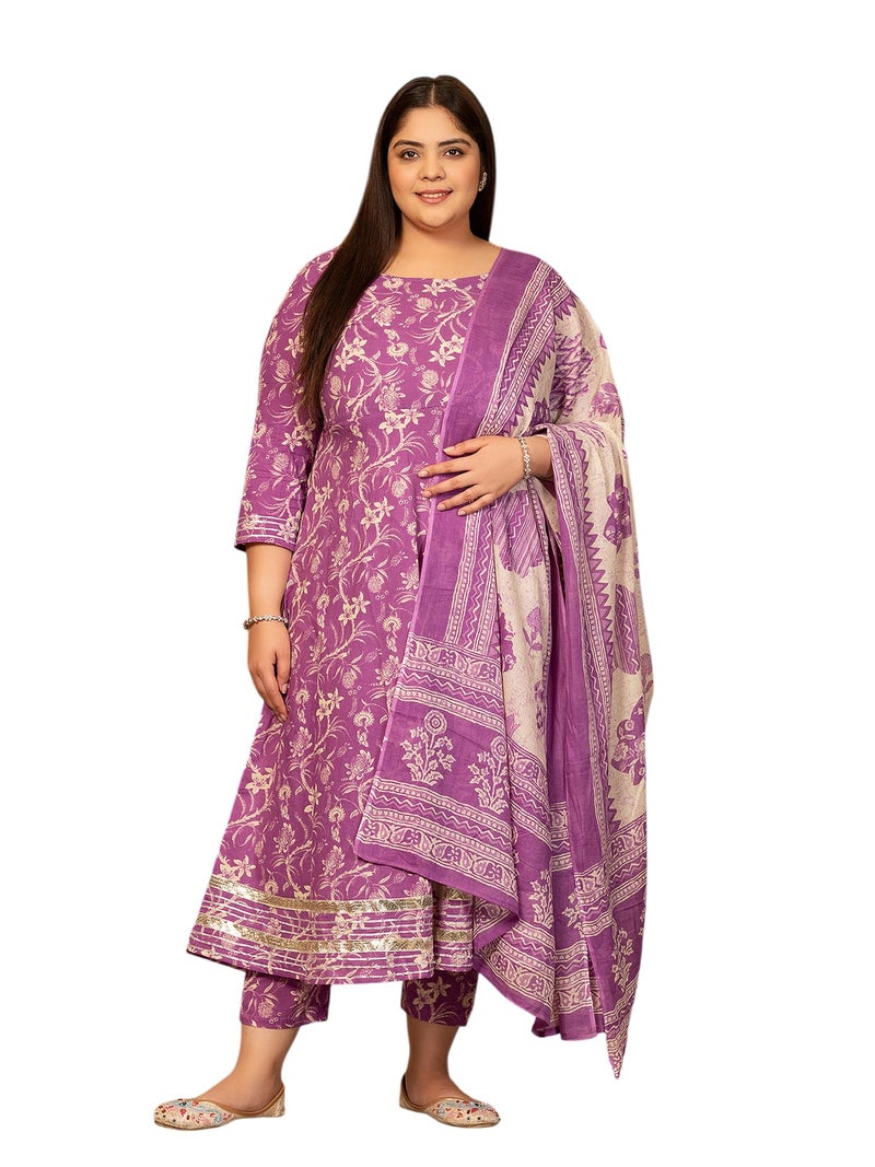 MEERA FAB Plus Size Women's Cotton Printed Anarkali Kurta With Palazzo & Dupatta Set With Dori, 7XL, Purple - Image 1