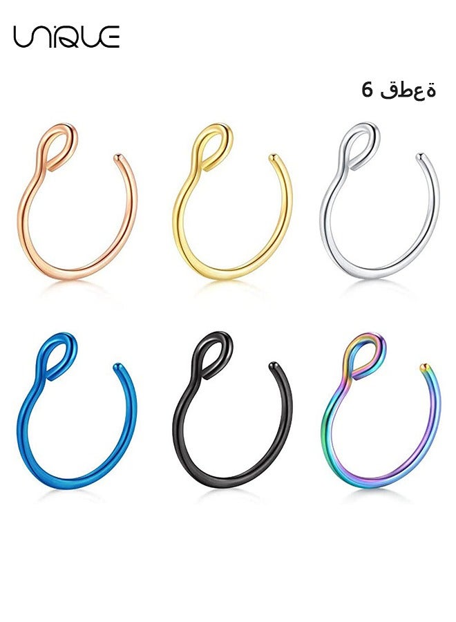 يونيك 6 قطع حلقات أنف مزيفة غير مثقوبة، حلقات أنف من الفولاذ المقاوم للصدأ لمجوهرات الجسم، هدايا للنساء والفتيات والمراهقين والرجال - Image 1