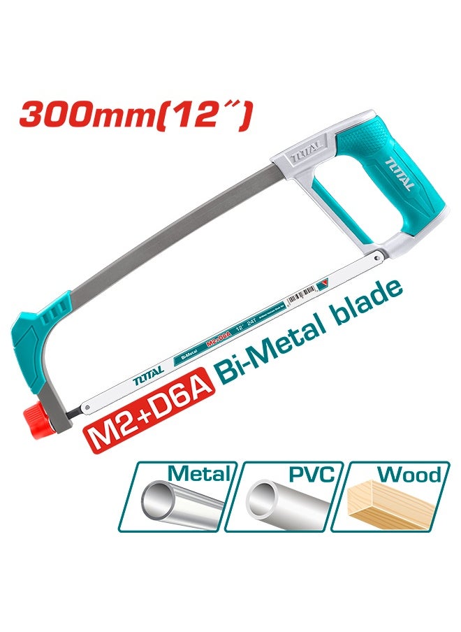 Total Tools TOTAL 300mm (12") Hacksaw with 24 TPI Bi-Metal Blade | Adjustable Blade Angle & Tension | Soft Grip Handle | Cuts Metal, Plastic, Wood  - Image 2