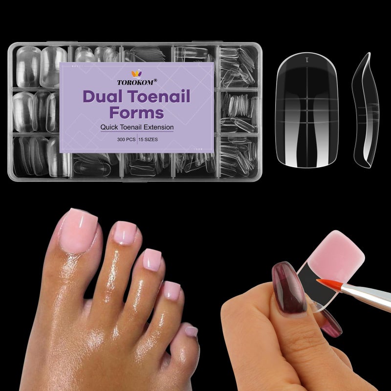 TOROKOM 300 Pcs Toe Nail Forms for Poly Extension Gel, Toenail Dual Forms Reusable Full Cover Molds for Poly Gel French Tip Acrylic Toenails Pedicure for Salon & DIY at Home 15 Sizes - Image 1