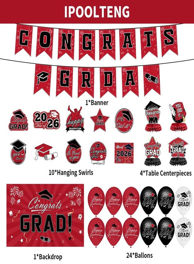 IPOOLTENG Graduation Decorations 2026 Set - Red Themed Congrats Grad Banner, Backdrop, Hanging Swirls, Balloons - Complete Party Supplies for High School, College Graduation Decorations - Image 3