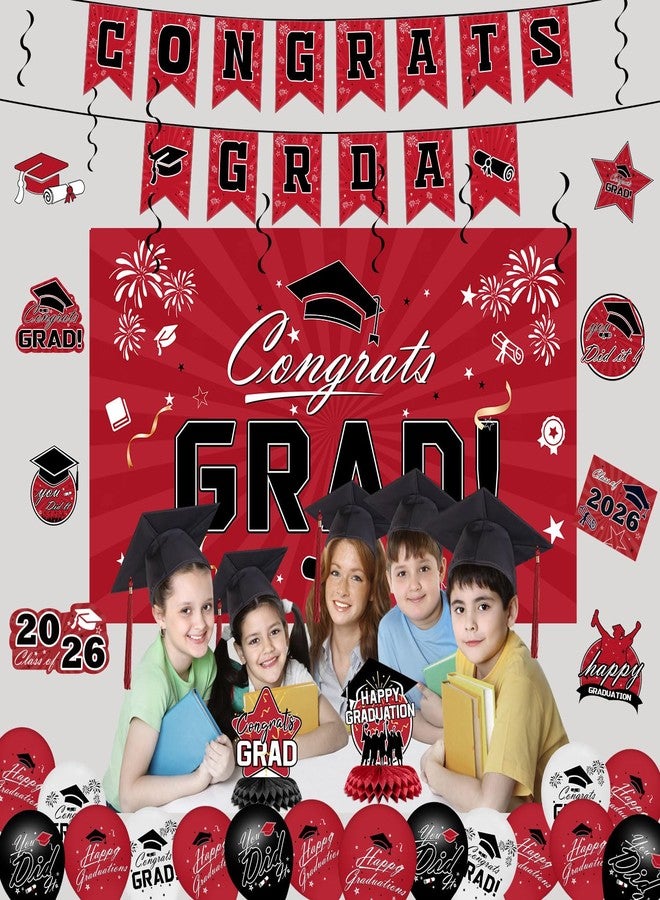 IPOOLTENG Graduation Decorations 2026 Set - Red Themed Congrats Grad Banner, Backdrop, Hanging Swirls, Balloons - Complete Party Supplies for High School, College Graduation Decorations - Image 4