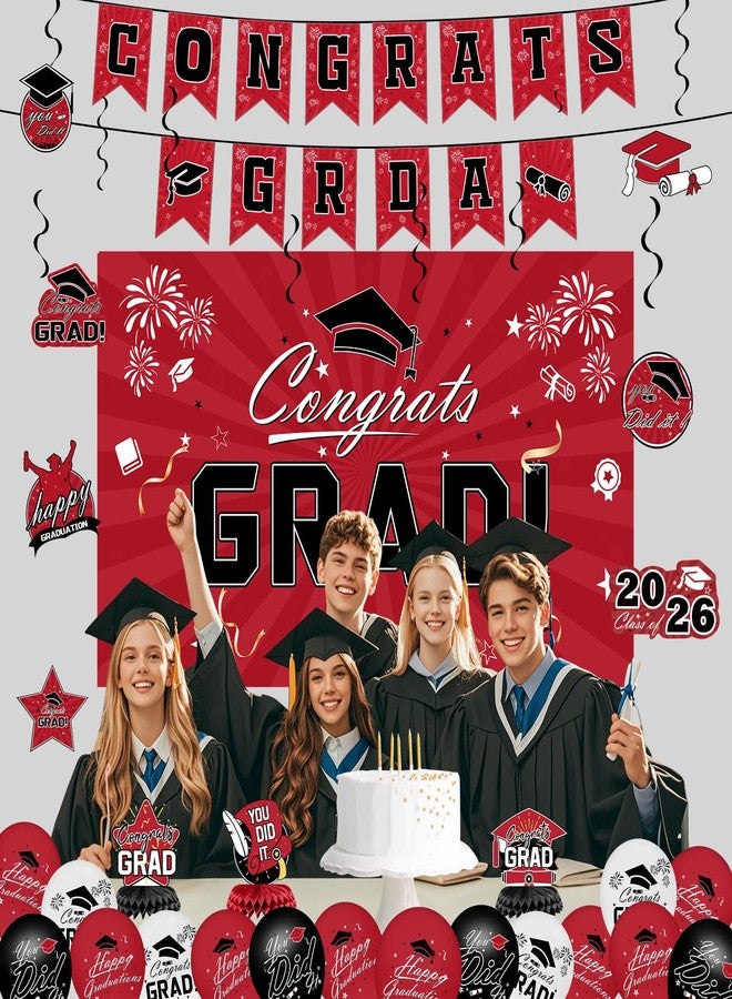 IPOOLTENG Graduation Decorations 2026 Set - Red Themed Congrats Grad Banner, Backdrop, Hanging Swirls, Balloons - Complete Party Supplies for High School, College Graduation Decorations - Image 5