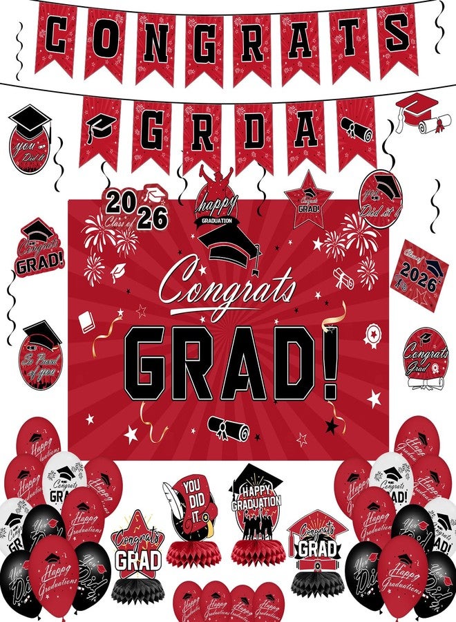IPOOLTENG Graduation Decorations 2026 Set - Red Themed Congrats Grad Banner, Backdrop, Hanging Swirls, Balloons - Complete Party Supplies for High School, College Graduation Decorations - Image 1