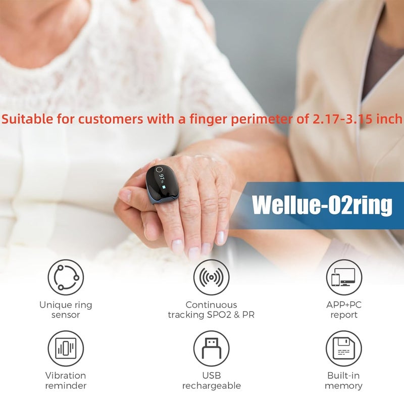Wellue مراقب الأكسجين Wellue O2Ring مع تذكير بالاهتزاز بلوتوث مقياس التأكسج النبضي القابل لإعادة الشحن تسجيل مستمر لمستوى SpO2 و PR متتبع تشبع الأكسجين في الدم مع تطبيق مجاني وتقارير على الكمبيوتر - Image 3