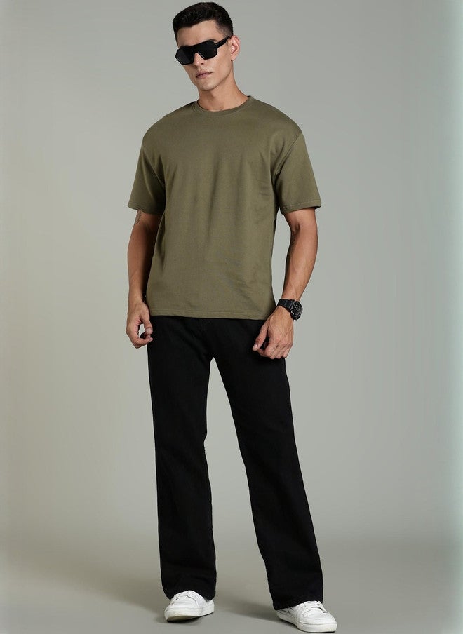 OUTLAWS Olive Solid Round Neck Regular Fit T-shirt for Men - Image 5