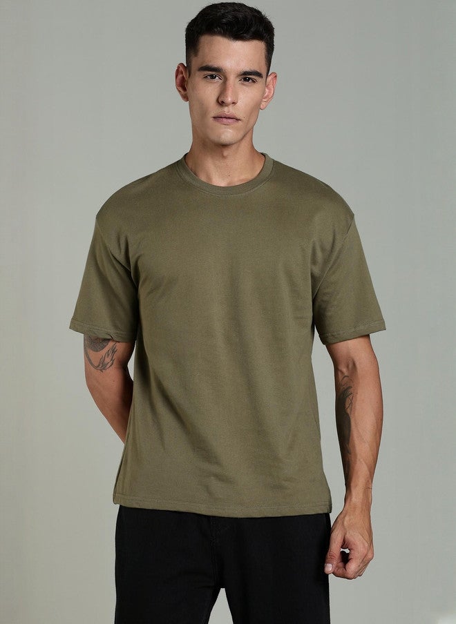 OUTLAWS Olive Solid Round Neck Regular Fit T-shirt for Men - Image 1