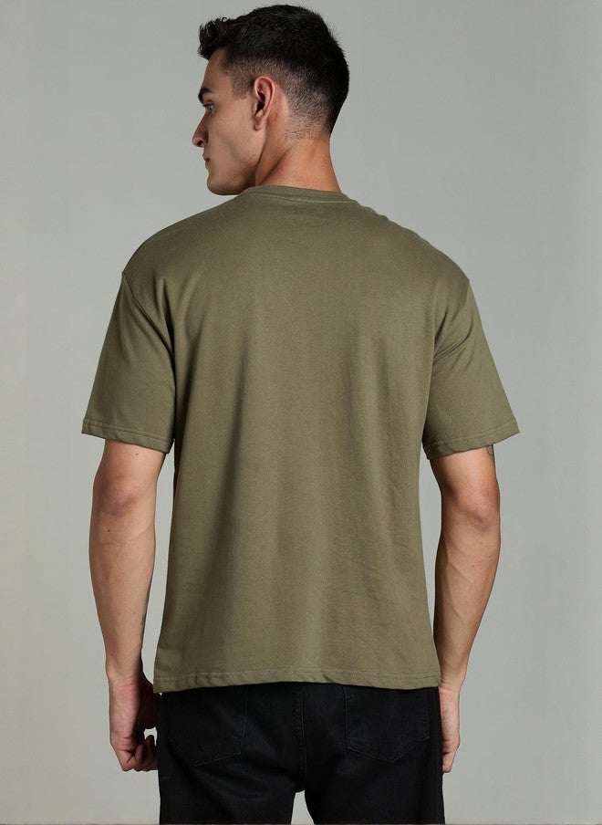 OUTLAWS Olive Solid Round Neck Regular Fit T-shirt for Men - Image 4