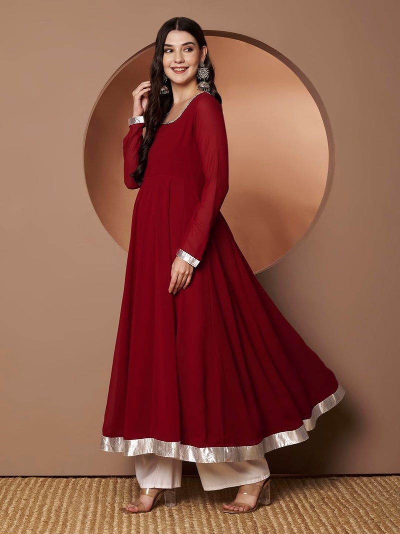 KZA Women's Georgette Hand Embroidered Flared Anarkali Kurta Suit with Full Sleeves for Ethnic Wear Maroon - Image 3