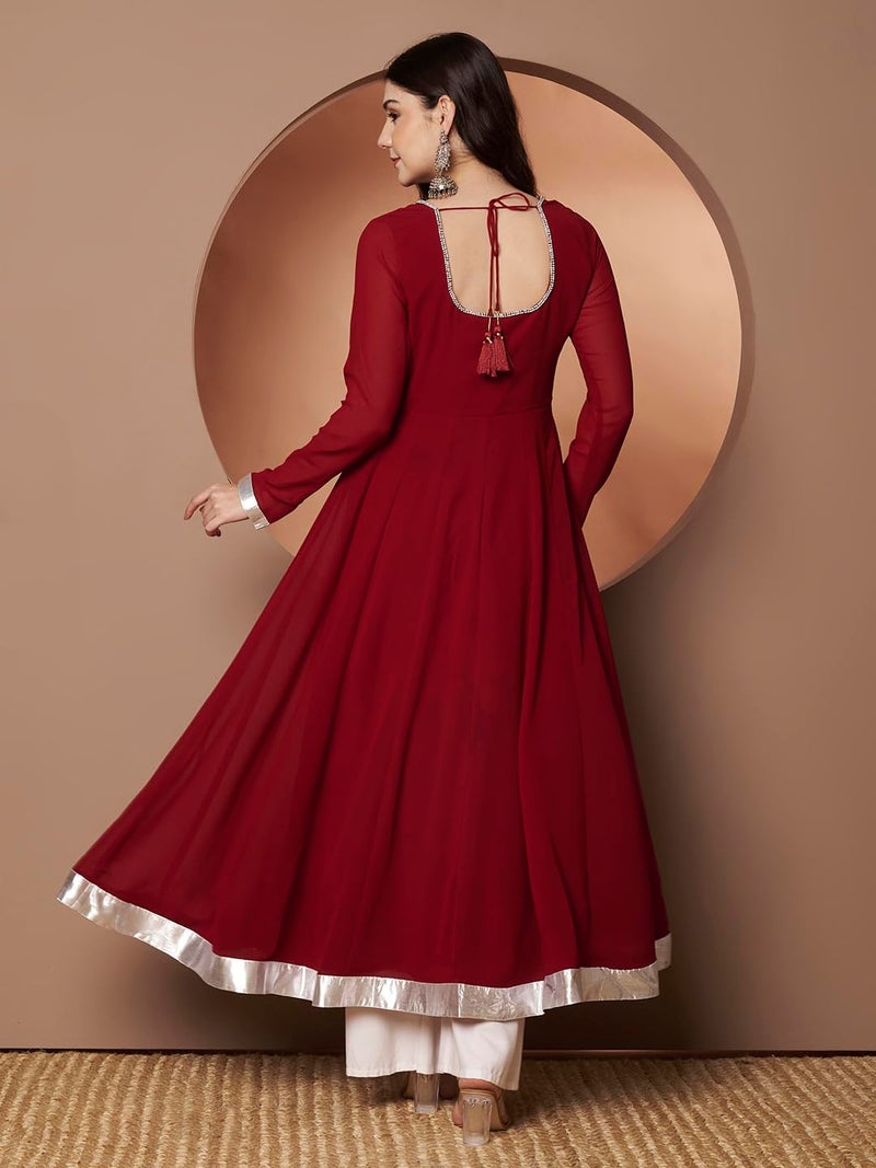 KZA Women's Georgette Hand Embroidered Flared Anarkali Kurta Suit with Full Sleeves for Ethnic Wear Maroon - Image 4
