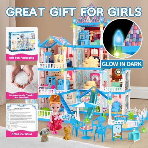 Seifar Doll House for Girls10 Rooms Blue House Toy with Doll Figures Puppies Lights Furnitures Accessories Kids Playhouse Gift for for 3 4 5 6 7 8 9 10 Year Old - Image 5