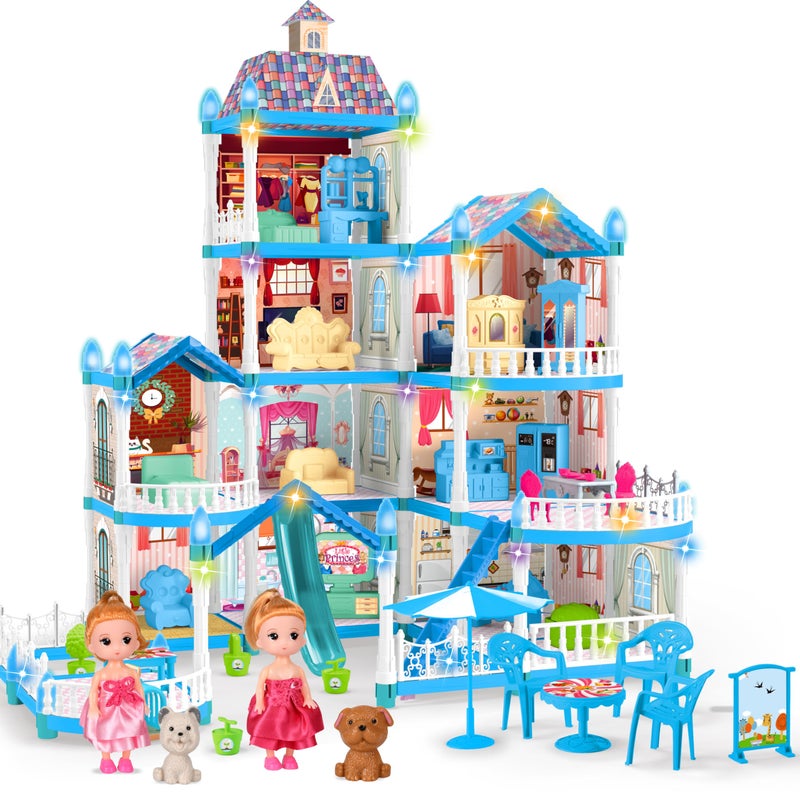 Seifar Doll House for Girls10 Rooms Blue House Toy with Doll Figures Puppies Lights Furnitures Accessories Kids Playhouse Gift for for 3 4 5 6 7 8 9 10 Year Old - Image 3