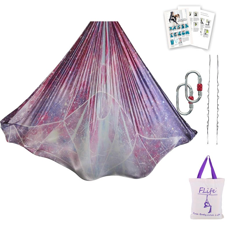 FLife Aerial Yoga Hammock 55 yards Premium Aerial Silk Fabric Yoga Swing for Antigravity Yoga Inversion Include Daisy ChainCarabiner and Pose Guide Starry Sky